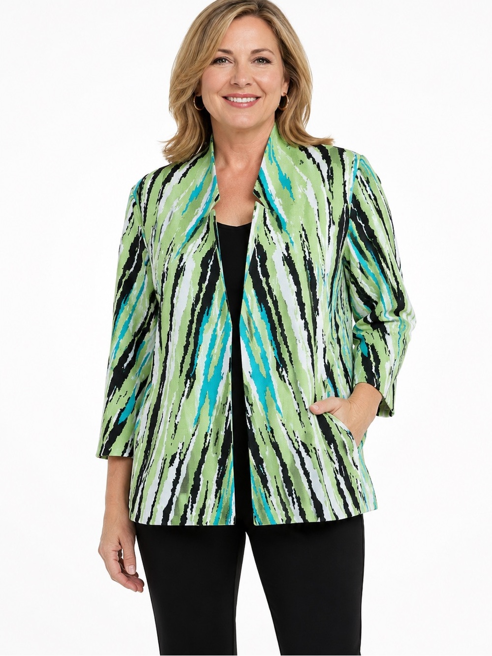 Ming Wang Knit Blazer Blue Green Black White Size XL